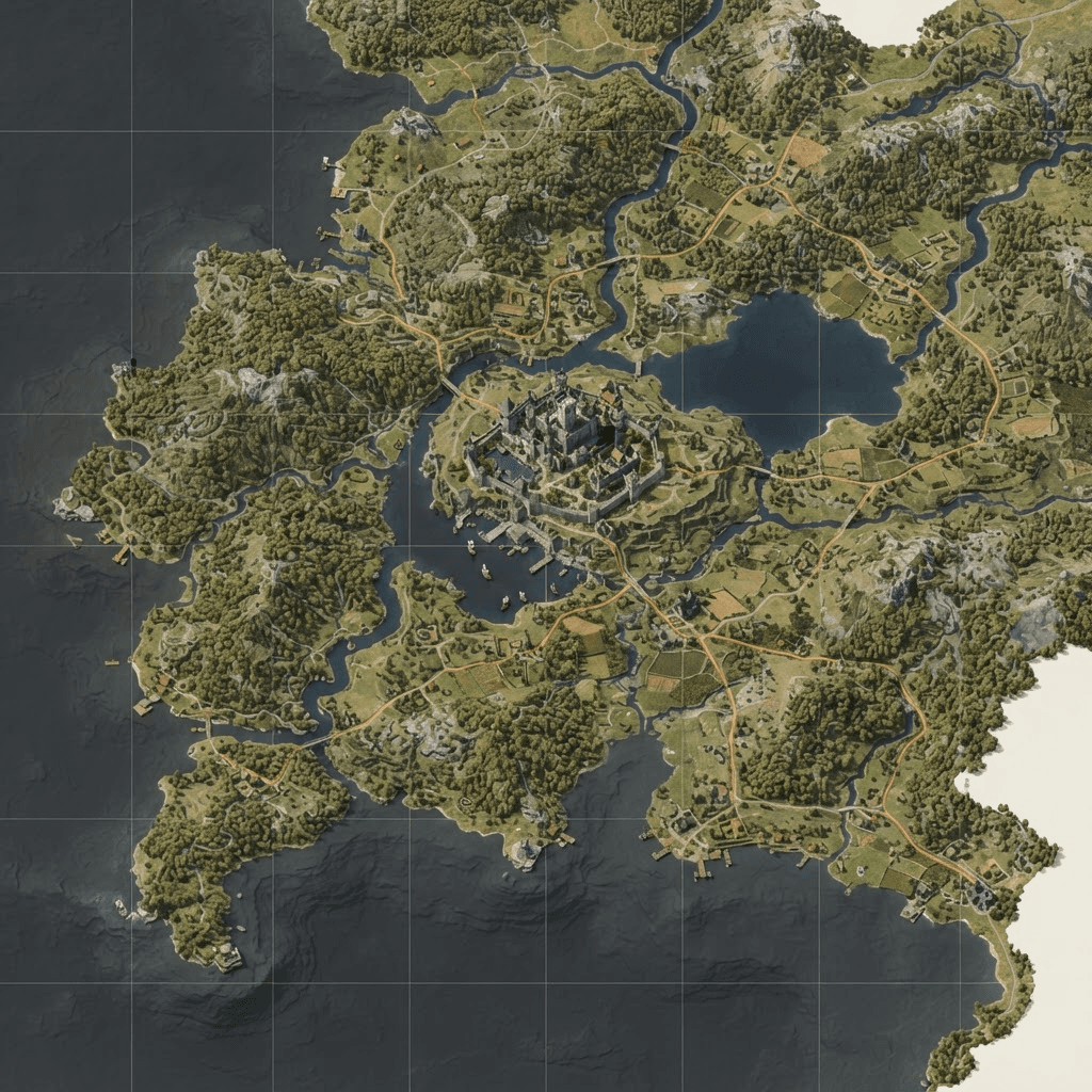 Aerial view of an inhabited StoneHavenSMP settlement with castle walls, farmland, rivers, and roads